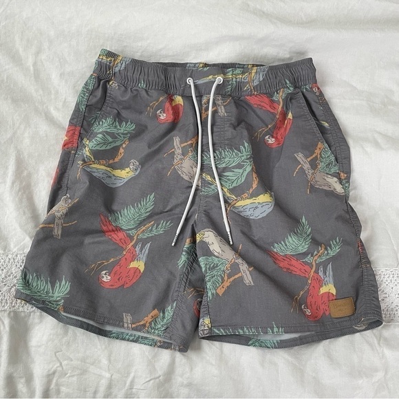 Brixton MEDIUM Board Shorts Bird Print Macaw Grey Red - Picture 1 of 7